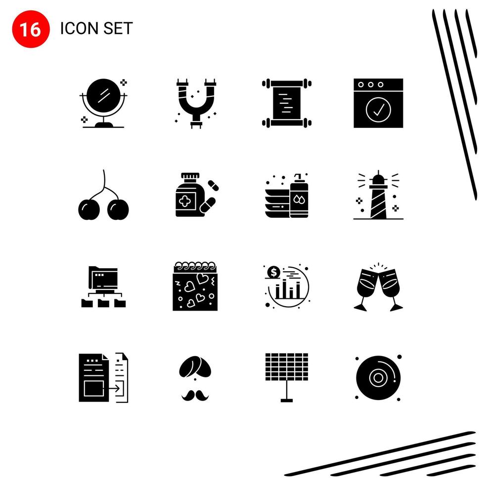 Editable Vector Line Pack of 16 Simple Solid Glyphs of pills food log cherry mac Editable Vector Design Elements