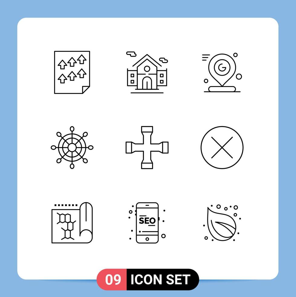 Mobile Interface Outline Set of 9 Pictograms of cross wrench wheel google marine mark Editable Vector Design Elements