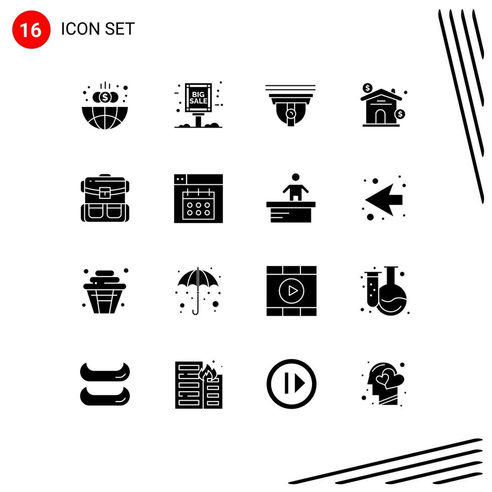 Editable Vector Line Pack of 16 Simple Solid Glyphs of backpack real camera investment asset Editable Vector Design Elements