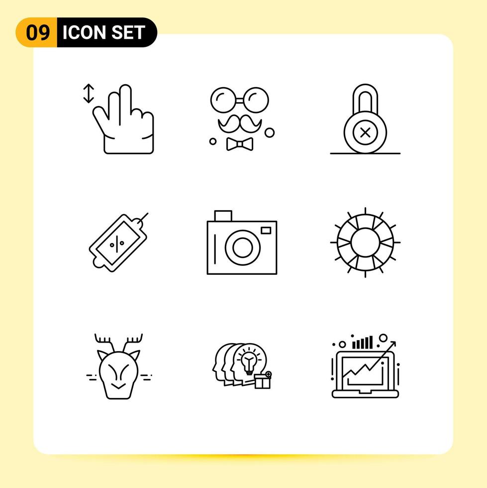 Mobile Interface Outline Set of 9 Pictograms of picnic camera lock tag market Editable Vector Design Elements