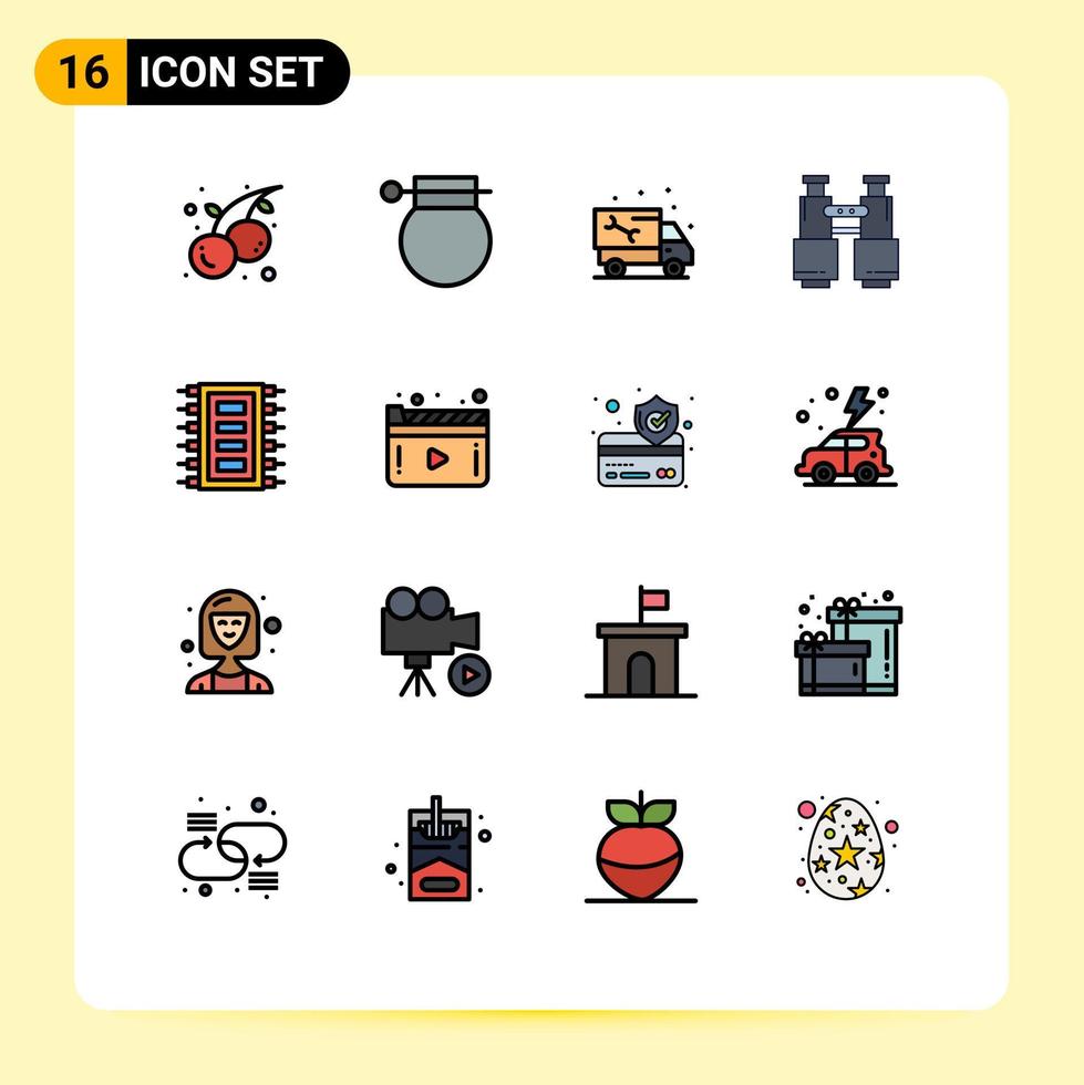 16 User Interface Flat Color Filled Line Pack of modern Signs and Symbols of explore find weapon binoculars plumbing Editable Creative Vector Design Elements