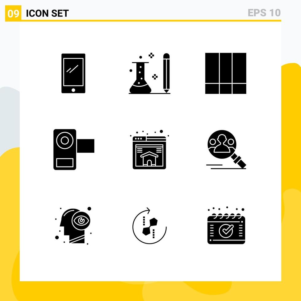 Editable Vector Line Pack of 9 Simple Solid Glyphs of movie film learning camera layout Editable Vector Design Elements