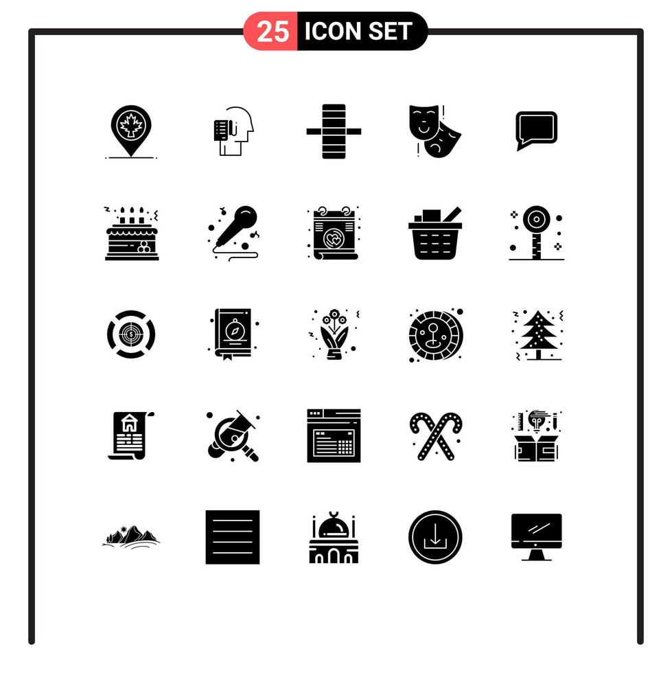 Set of 25 Commercial Solid Glyphs pack for comment theater tasks persona acting Editable Vector Design Elements