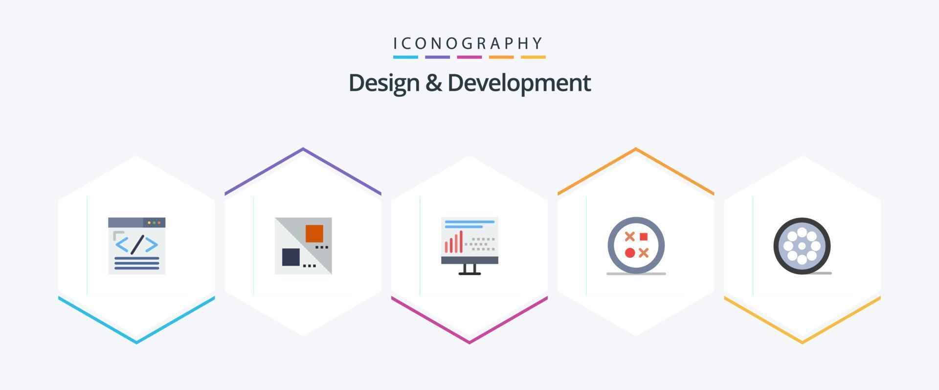 Design and Development 25 Flat icon pack including shape. development. coding. design. statistics vector