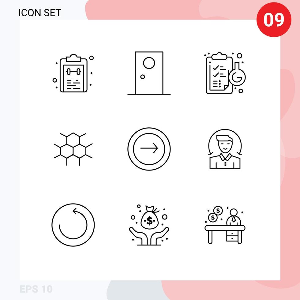 Group of 9 Outlines Signs and Symbols for health structure interior molecular flask Editable Vector Design Elements