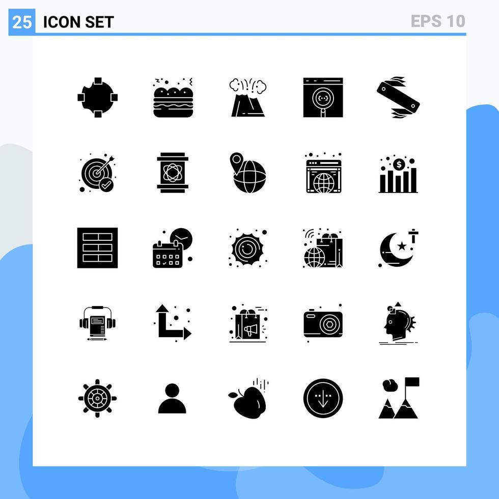 Solid Glyph Pack of 25 Universal Symbols of army development volcano develop browser Editable Vector Design Elements