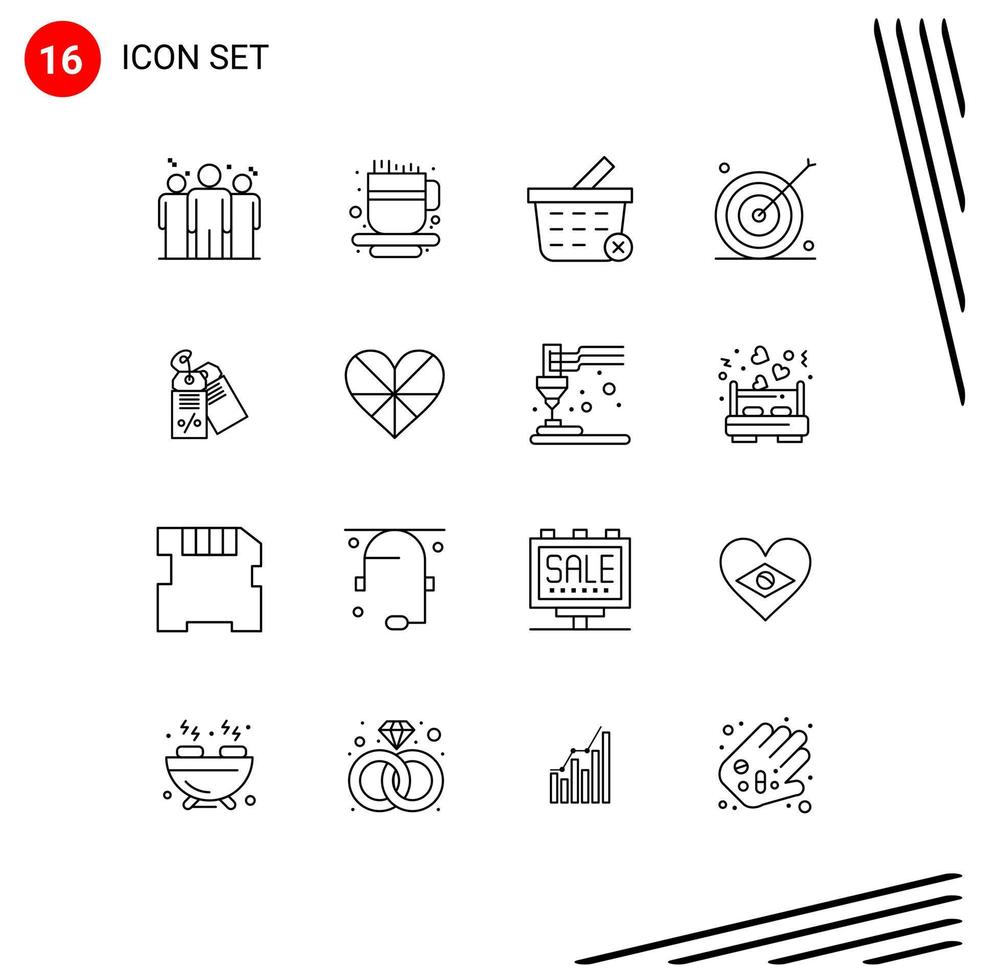 Mobile Interface Outline Set of 16 Pictograms of discount label delete target goal Editable Vector Design Elements