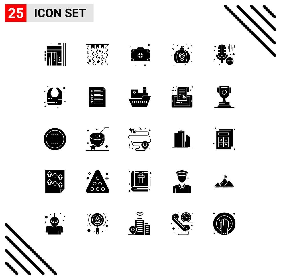 Modern Set of 25 Solid Glyphs Pictograph of microphone women bag perfume gift Editable Vector Design Elements