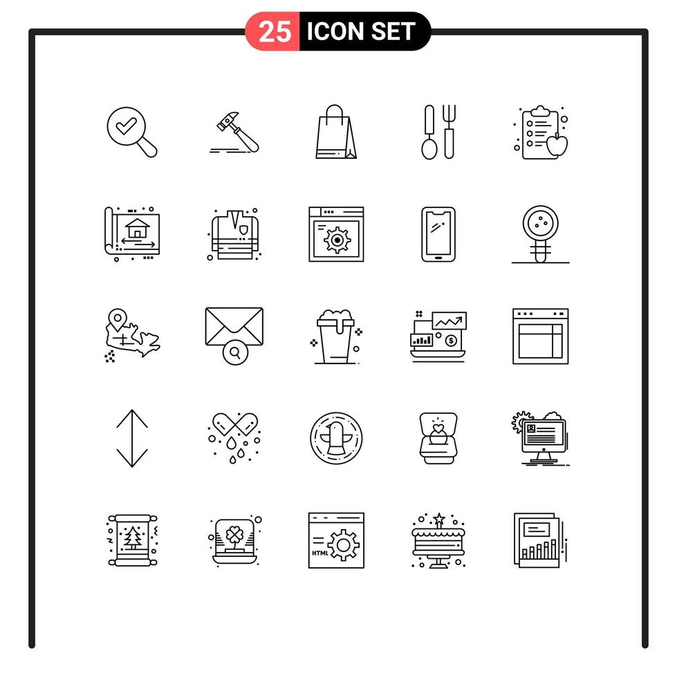 25 Universal Line Signs Symbols of health clipboard apple bag restaurant dinner Editable Vector Design Elements