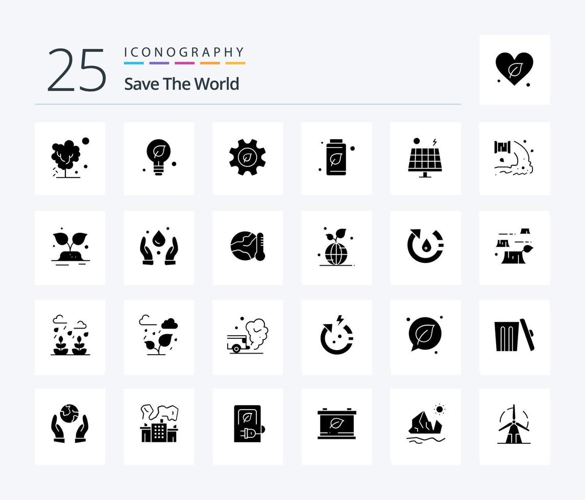 Save The World 25 Solid Glyph icon pack including energy. tree. idea. green. environment vector