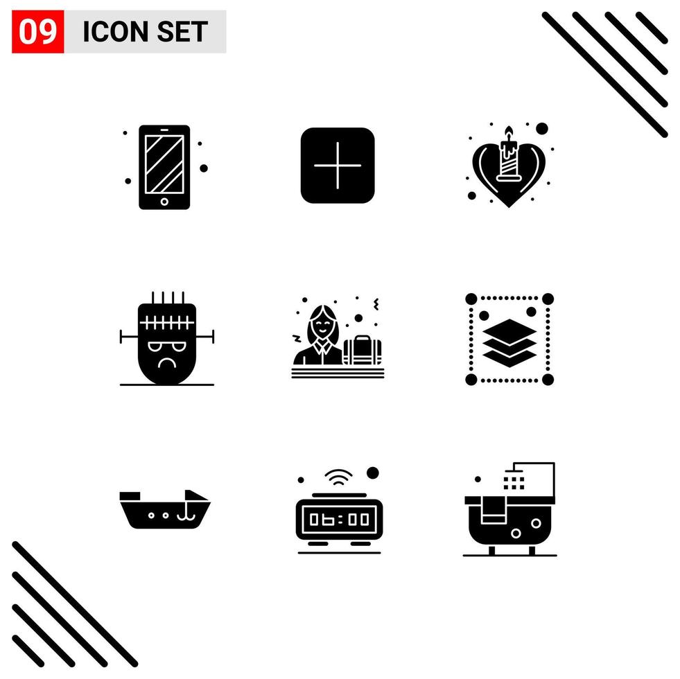 Group of 9 Solid Glyphs Signs and Symbols for case business heart mask horror Editable Vector Design Elements