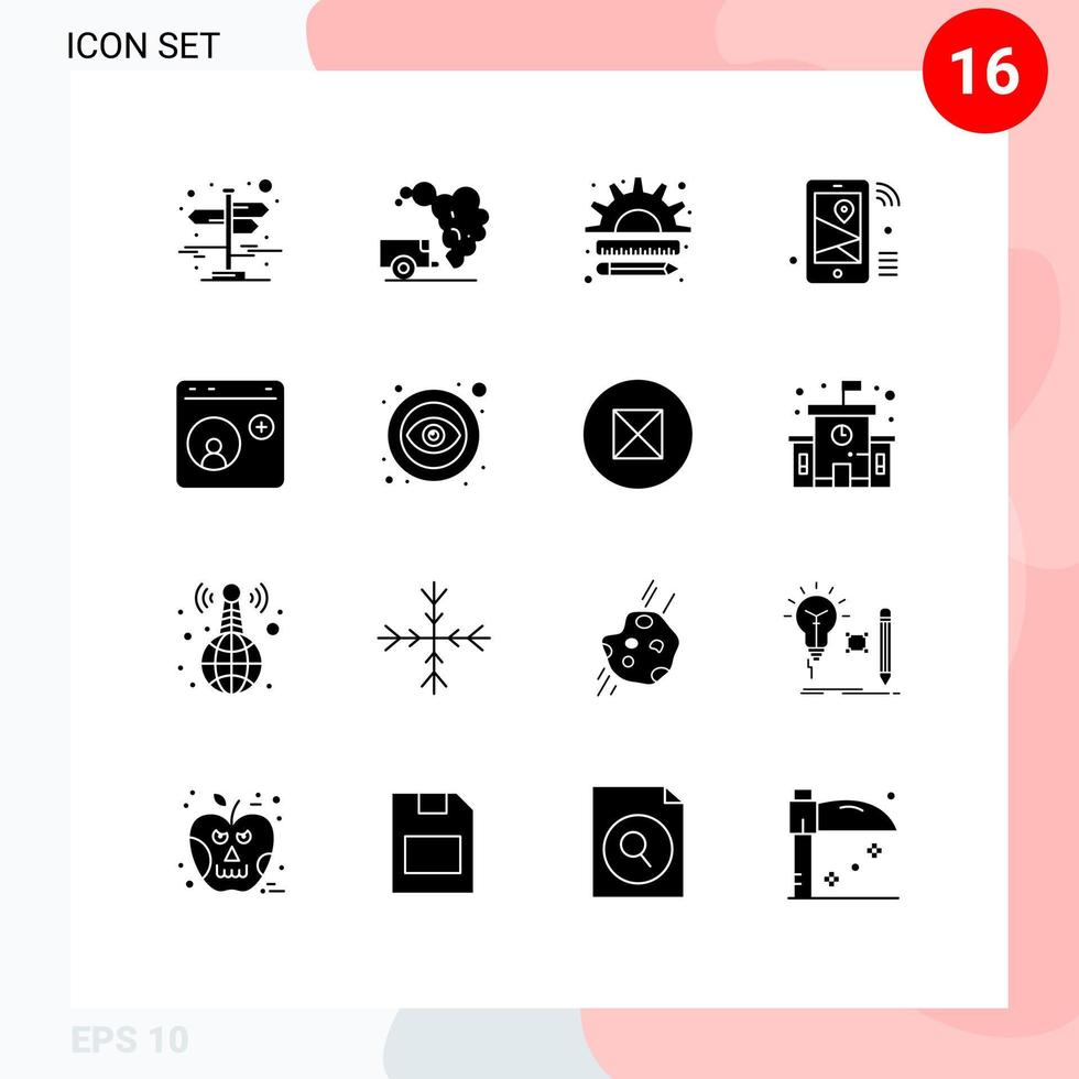 Set of 16 Vector Solid Glyphs on Grid for wifi location business iot marketing Editable Vector Design Elements