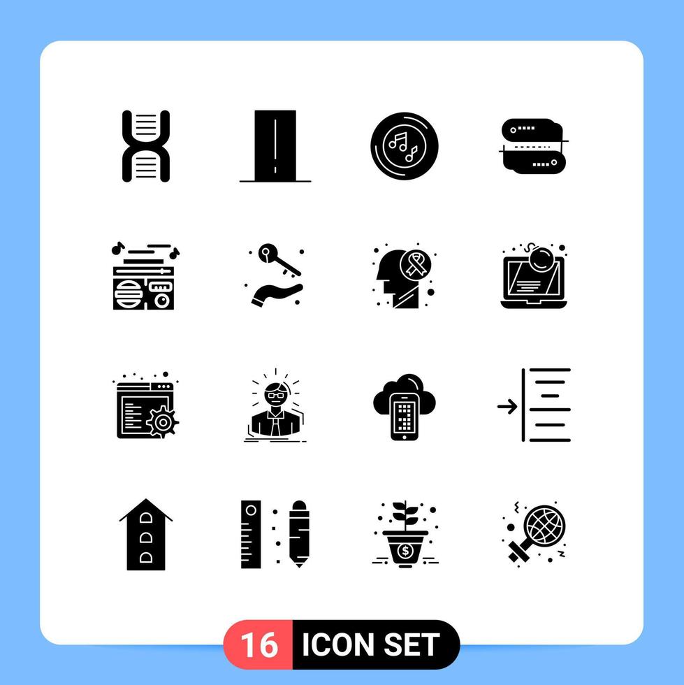 16 Thematic Vector Solid Glyphs and Editable Symbols of network blockchain technology gadget song note Editable Vector Design Elements