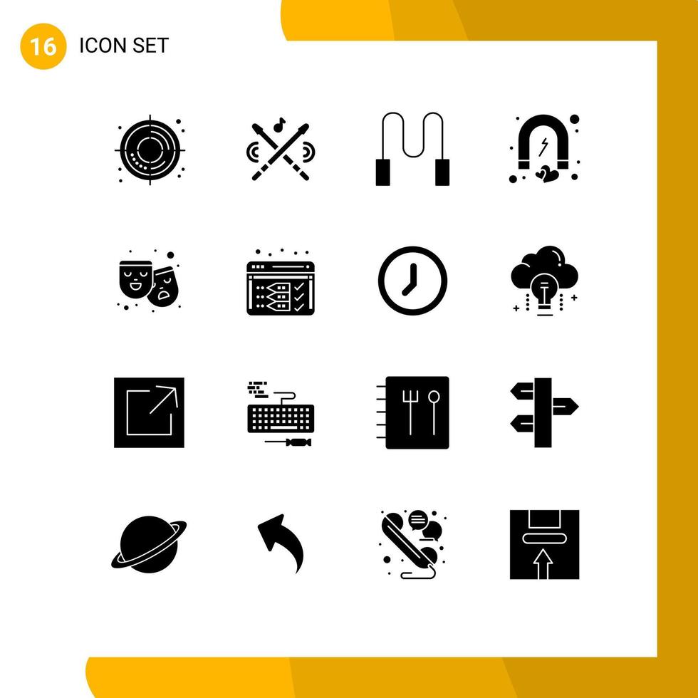 Mobile Interface Solid Glyph Set of 16 Pictograms of drama mask skipping romance love Editable Vector Design Elements