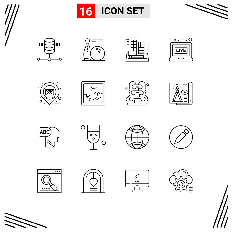 16 Universal Outline Signs Symbols of email live strike broadcasting home Editable Vector Design Elements