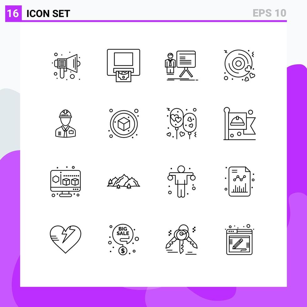 Set of 16 Modern UI Icons Symbols Signs for worker love presentation heart progress Editable Vector Design Elements