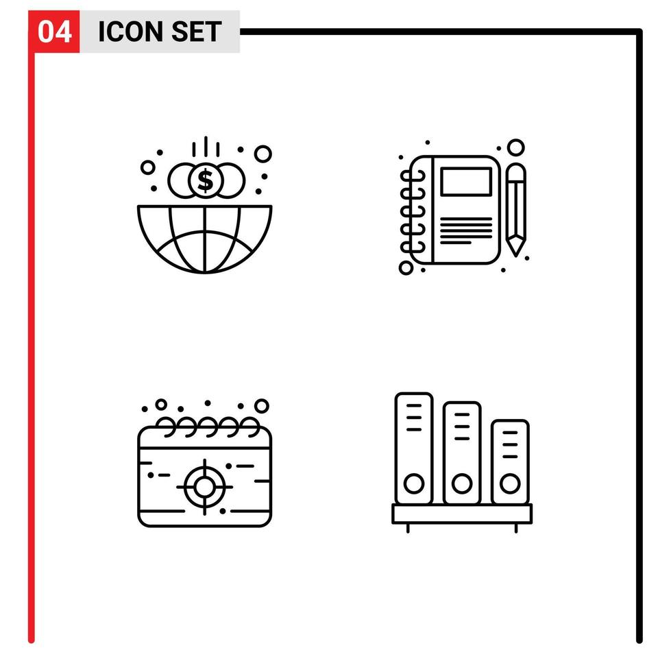 Group of 4 Modern Filledline Flat Colors Set for business calendar globe note mission Editable Vector Design Elements