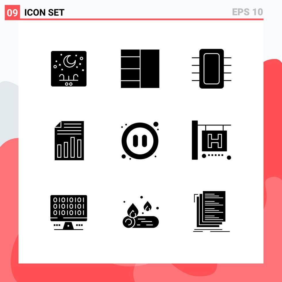 9 User Interface Solid Glyph Pack of modern Signs and Symbols of audio report computers page document Editable Vector Design Elements