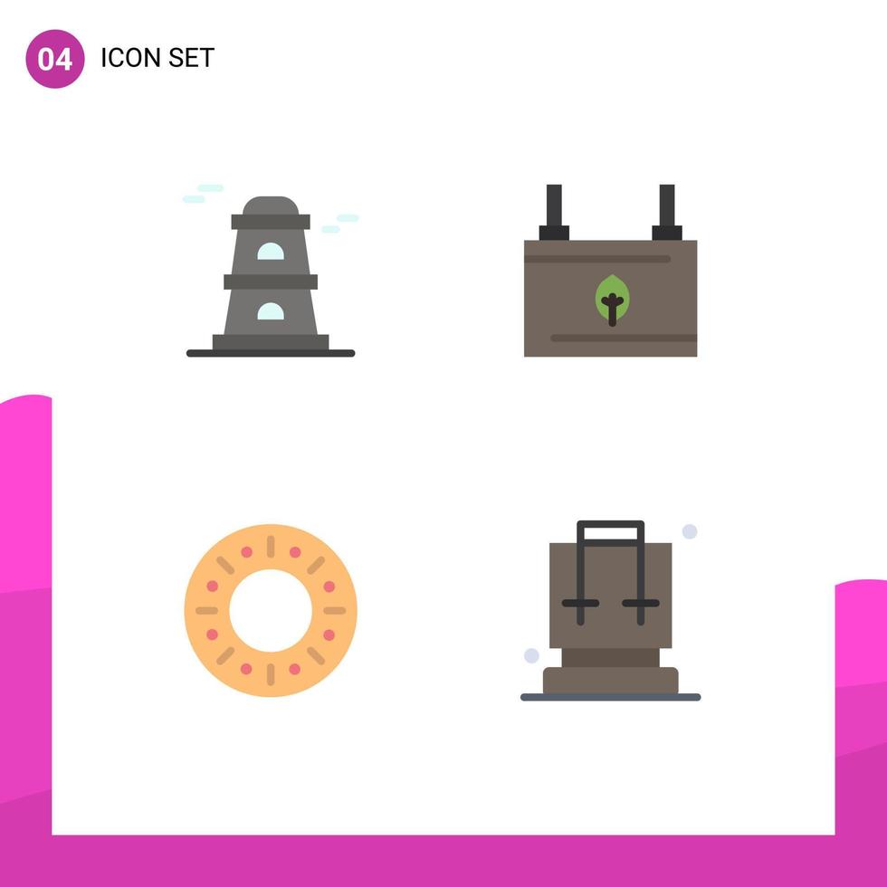 Set of 4 Commercial Flat Icons pack for observatory doughnut battery electricity backpack Editable Vector Design Elements