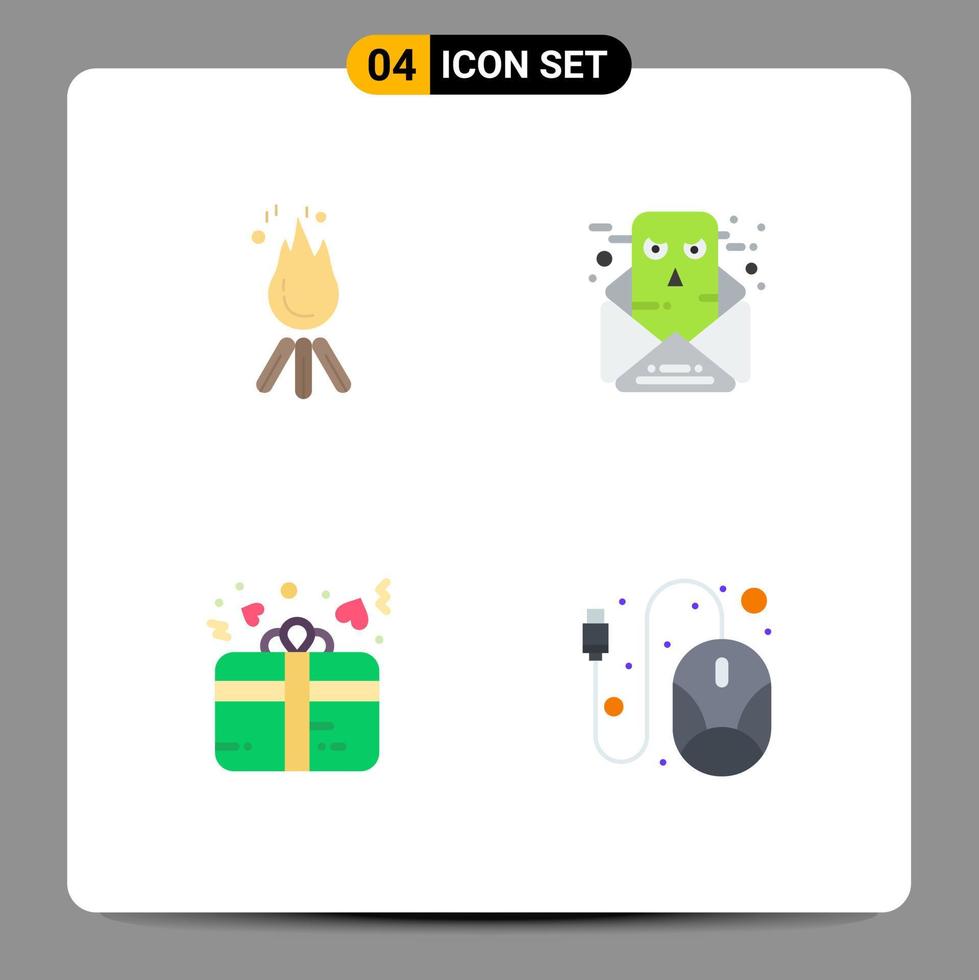 Modern Set of 4 Flat Icons Pictograph of fire gift camping communication present Editable Vector Design Elements