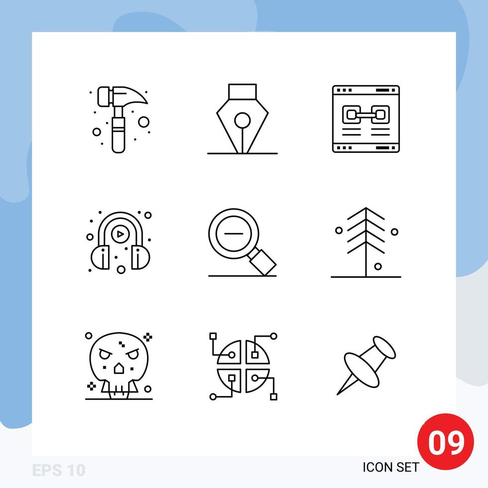 Modern Set of 9 Outlines and symbols such as magnifying glass less promote play headphone Editable Vector Design Elements