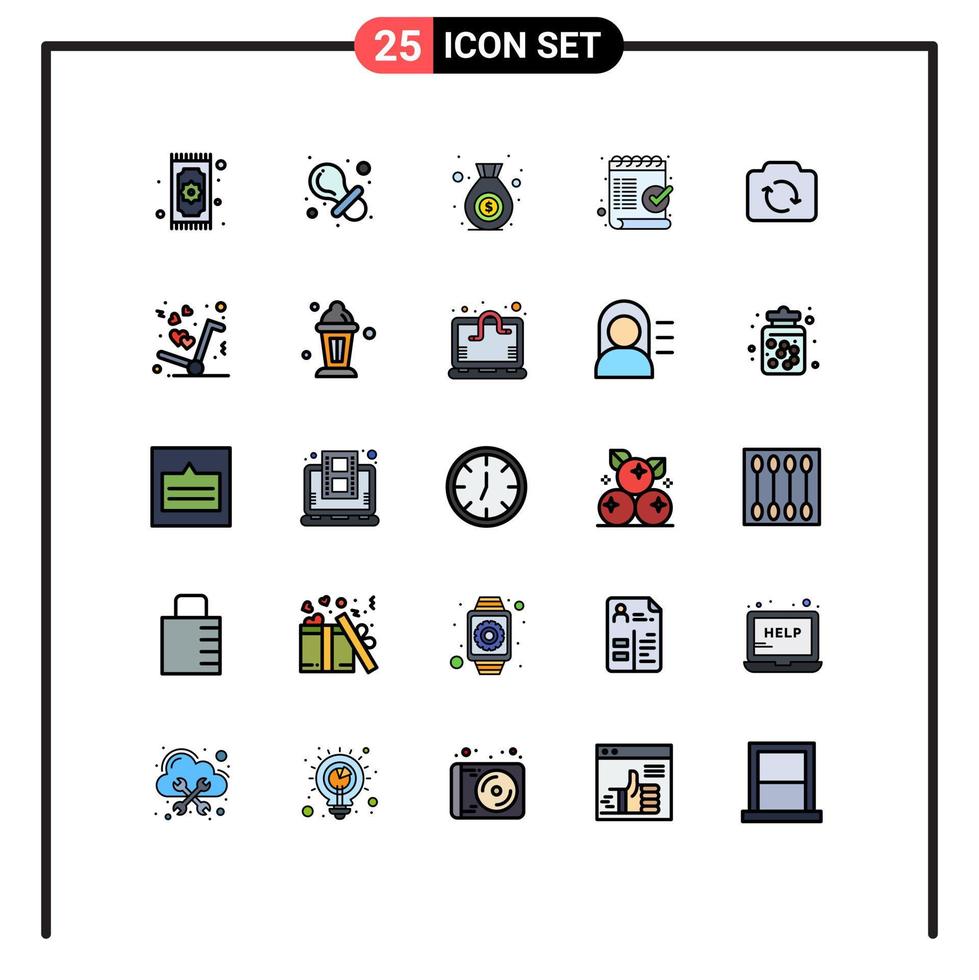 25 User Interface Filled line Flat Color Pack of modern Signs and Symbols of camera mark nipple list check Editable Vector Design Elements