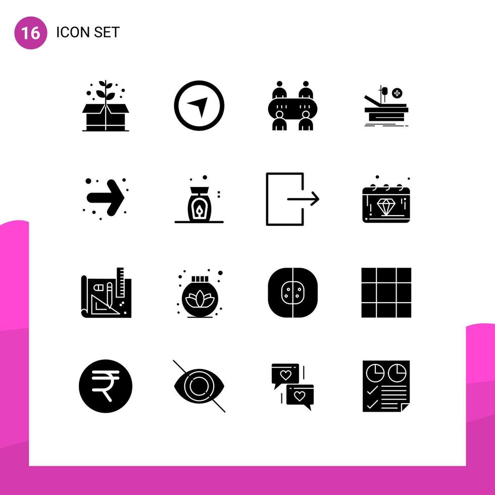 Pack of 16 creative Solid Glyphs of fire right table back hospital Editable Vector Design Elements