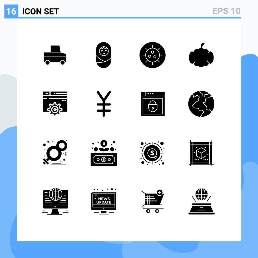 Mobile Interface Solid Glyph Set of 16 Pictograms of currency gear virus design canada Editable Vector Design Elements