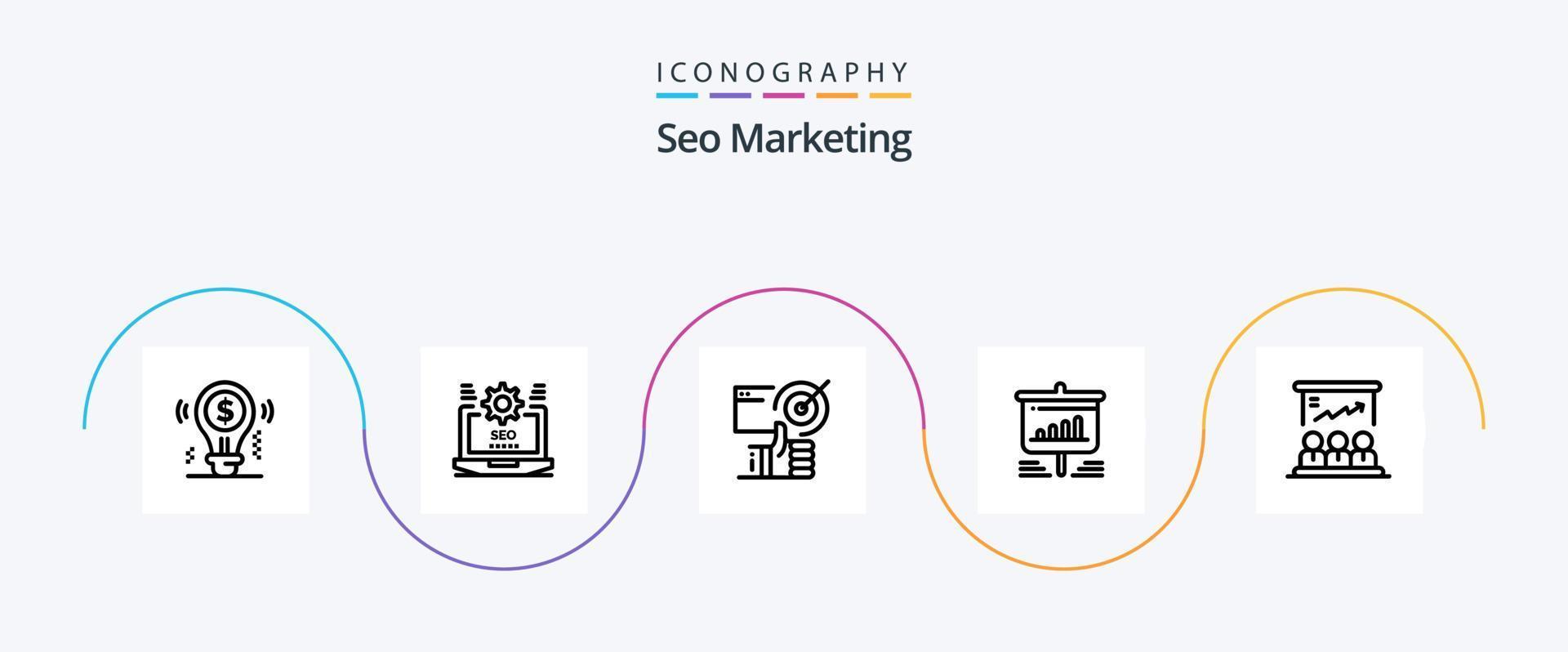 Seo Marketing Line 5 Icon Pack Including chart. presentation. setting. up. user vector