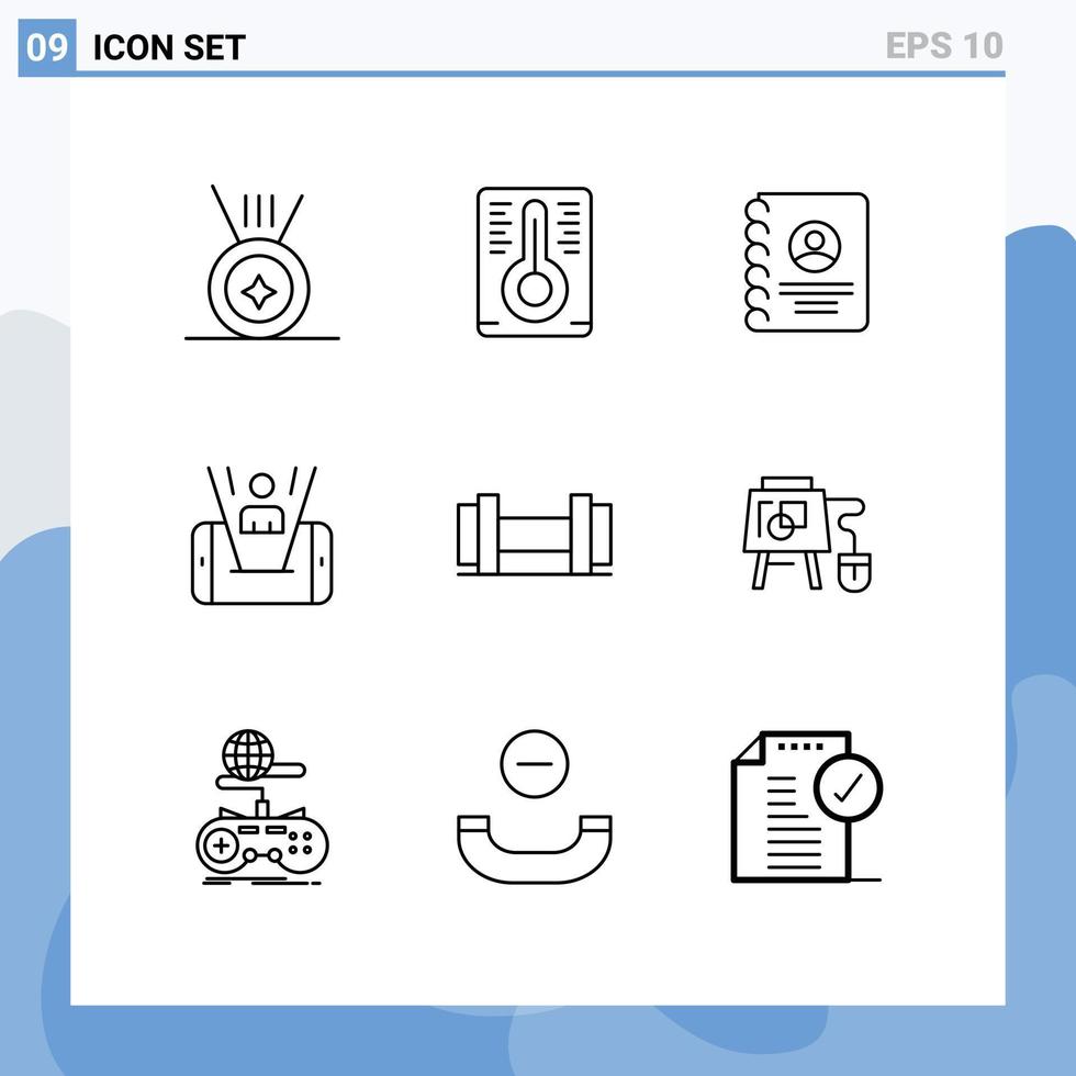 Group of 9 Modern Outlines Set for education online mobile mouse dumbbells Editable Vector Design Elements