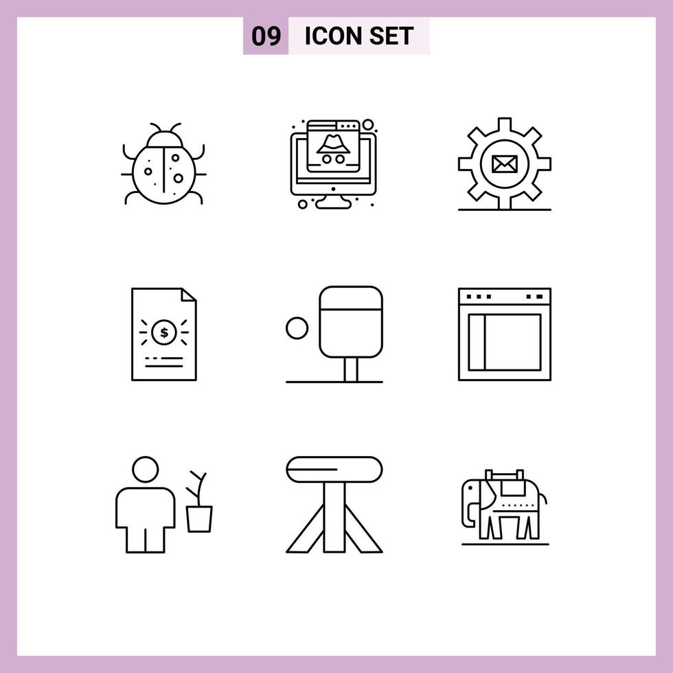 Pack of 9 Modern Outlines Signs and Symbols for Web Print Media such as economy banking data message email Editable Vector Design Elements