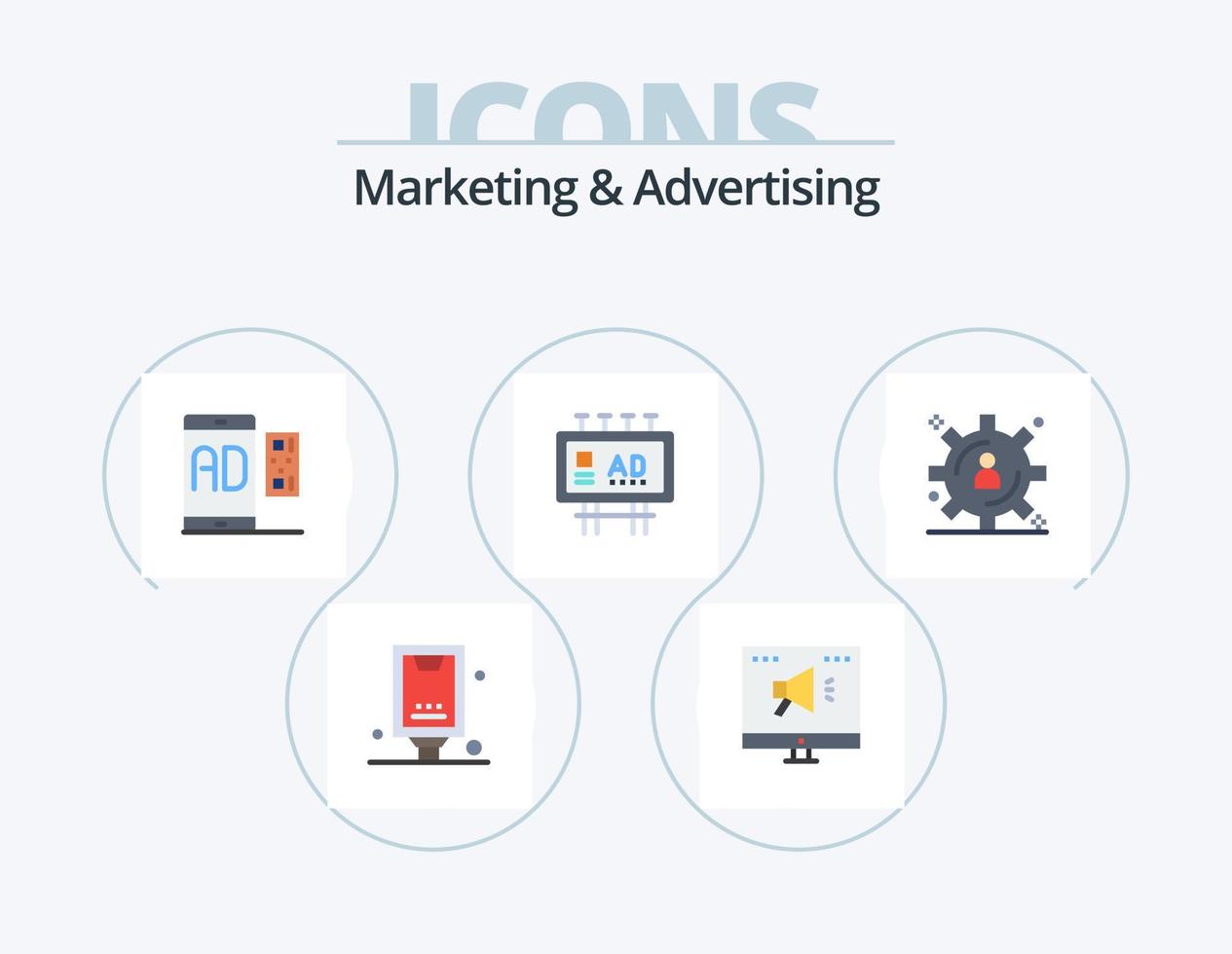 márketing y publicidad plano icono paquete 5 5 icono diseño. promoción. cartelera anuncio publicitario. en línea. publicidad. mensaje vector