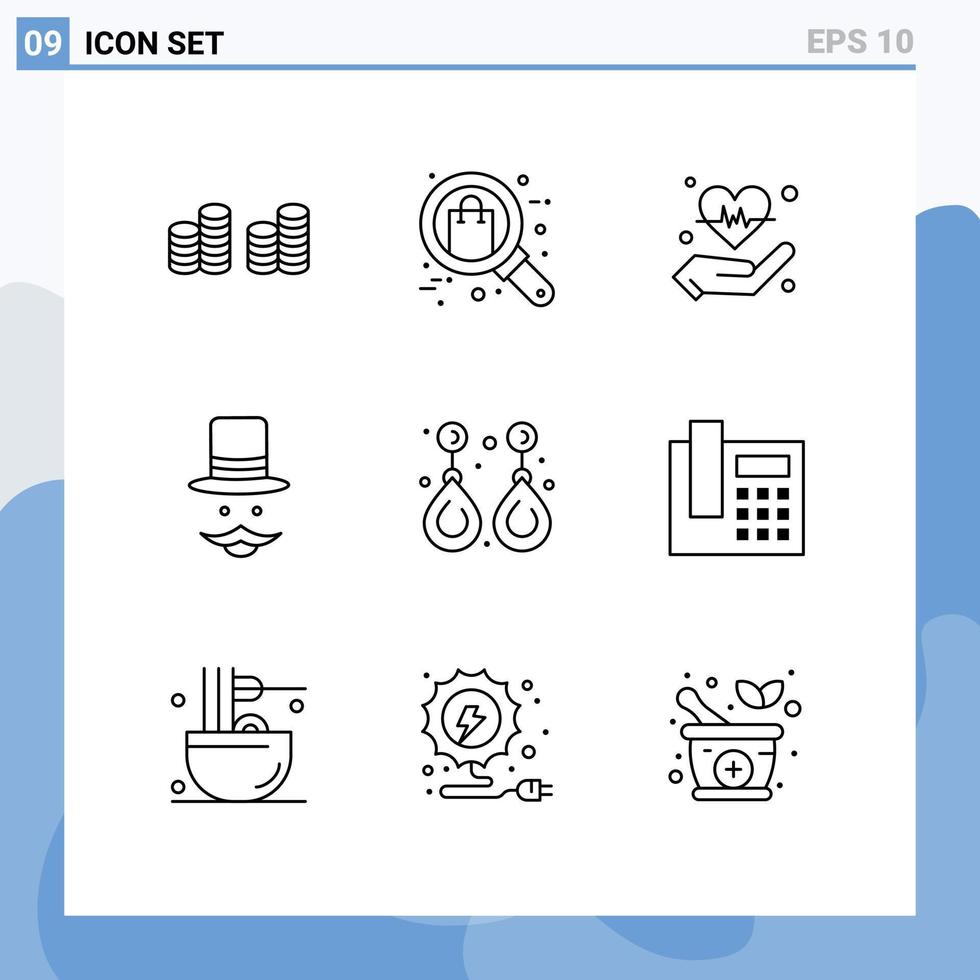 9 User Interface Outline Pack of modern Signs and Symbols of earring hat hand movember moustache Editable Vector Design Elements