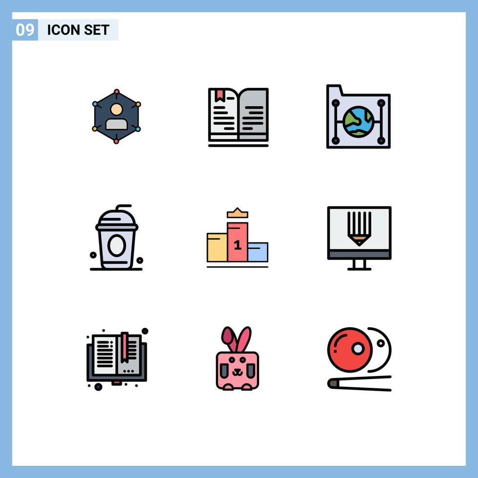 9 9 línea de relleno plano color concepto para sitios web móvil y aplicaciones bebida red libro archivo datos editable vector diseño elementos