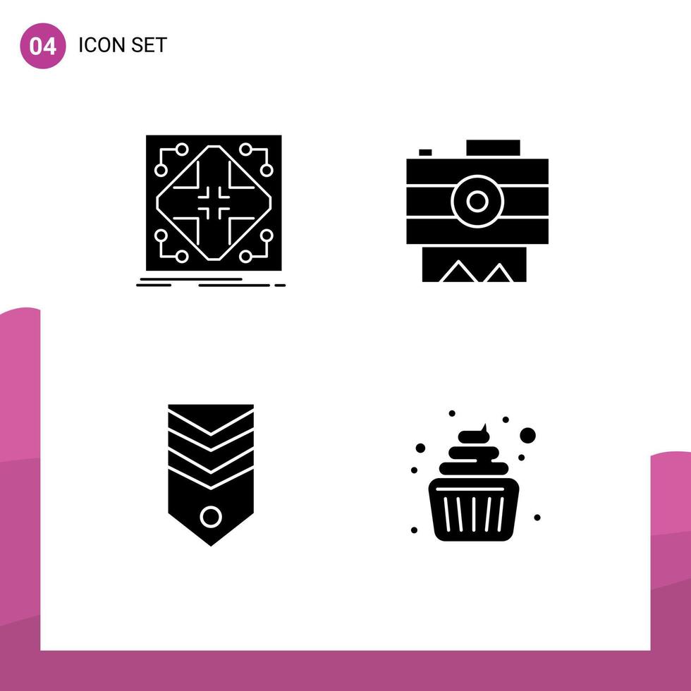 Mobile Interface Solid Glyph Set of 4 Pictograms of data badge matrix photography rank Editable Vector Design Elements