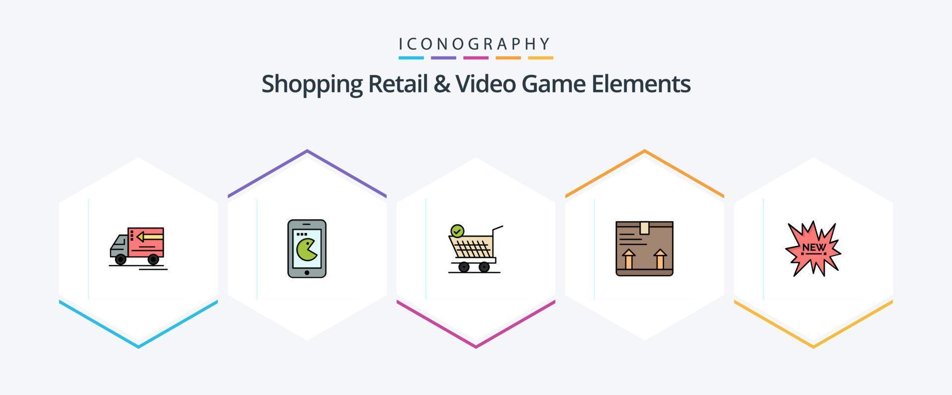 Shoping Retail And Video Game Elements 25 FilledLine icon pack including shopping. up. trolly. arrow. deliver vector