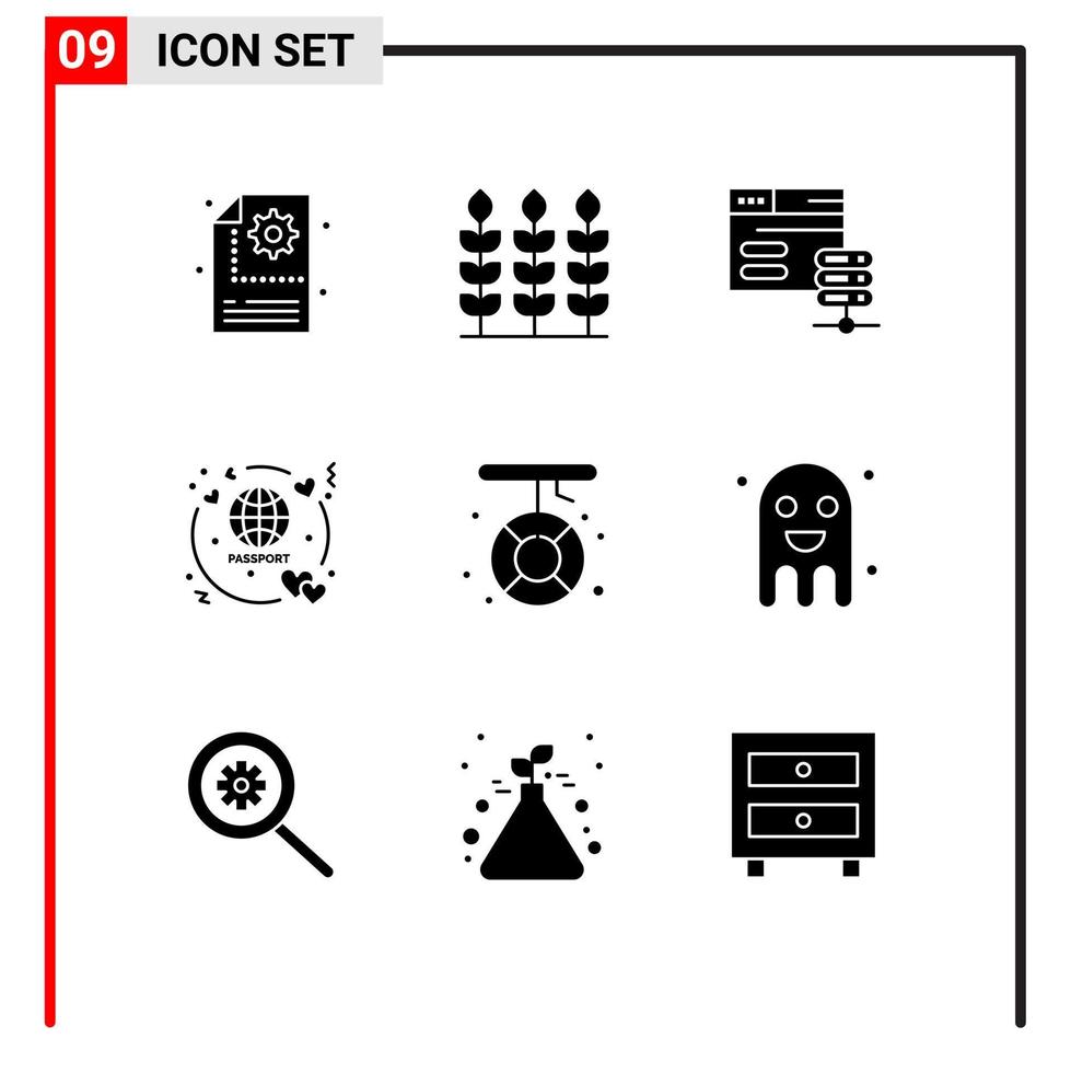 Modern Set of 9 Solid Glyphs Pictograph of help boat network server travel passport Editable Vector Design Elements