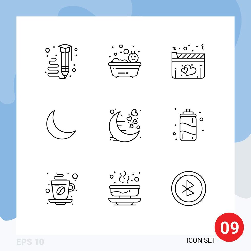 9 User Interface Outline Pack of modern Signs and Symbols of date sleep shower night movie Editable Vector Design Elements