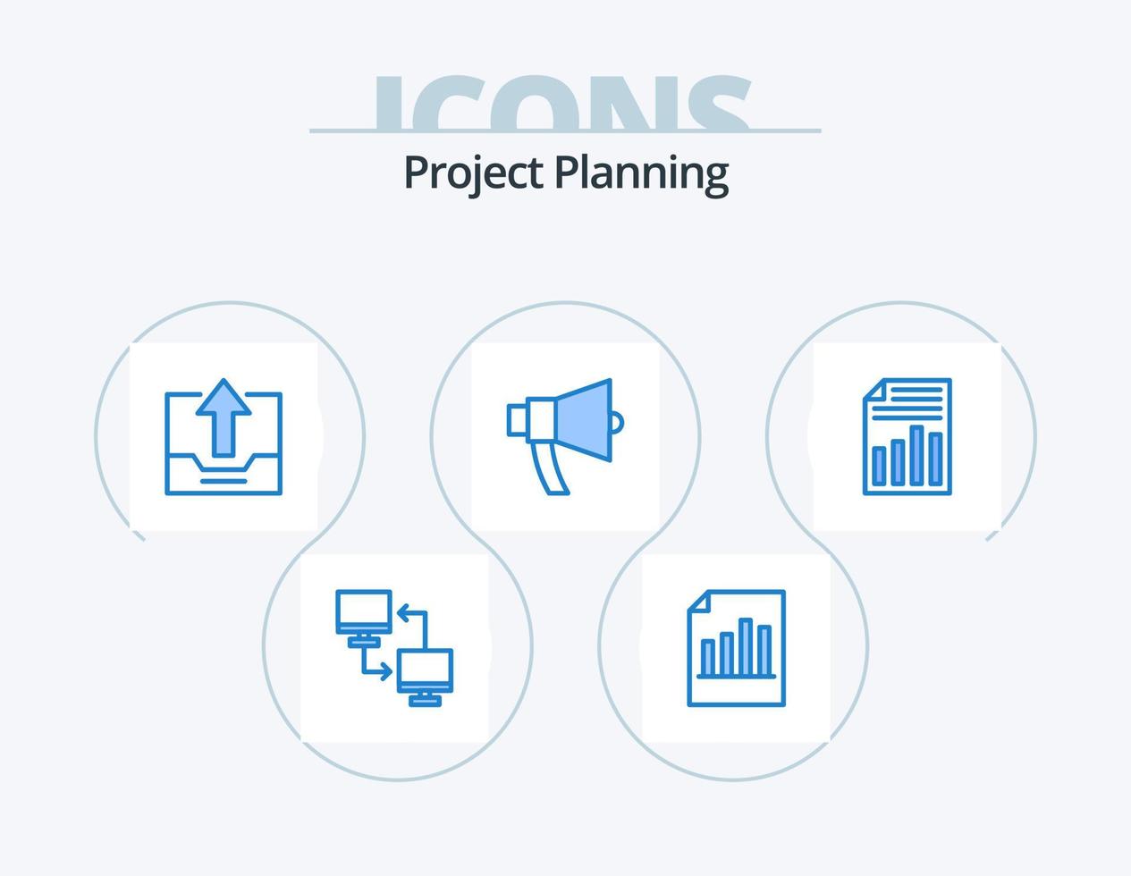 Project Planing Blue Icon Pack 5 Icon Design. loud. ads. report. upload. drawer vector