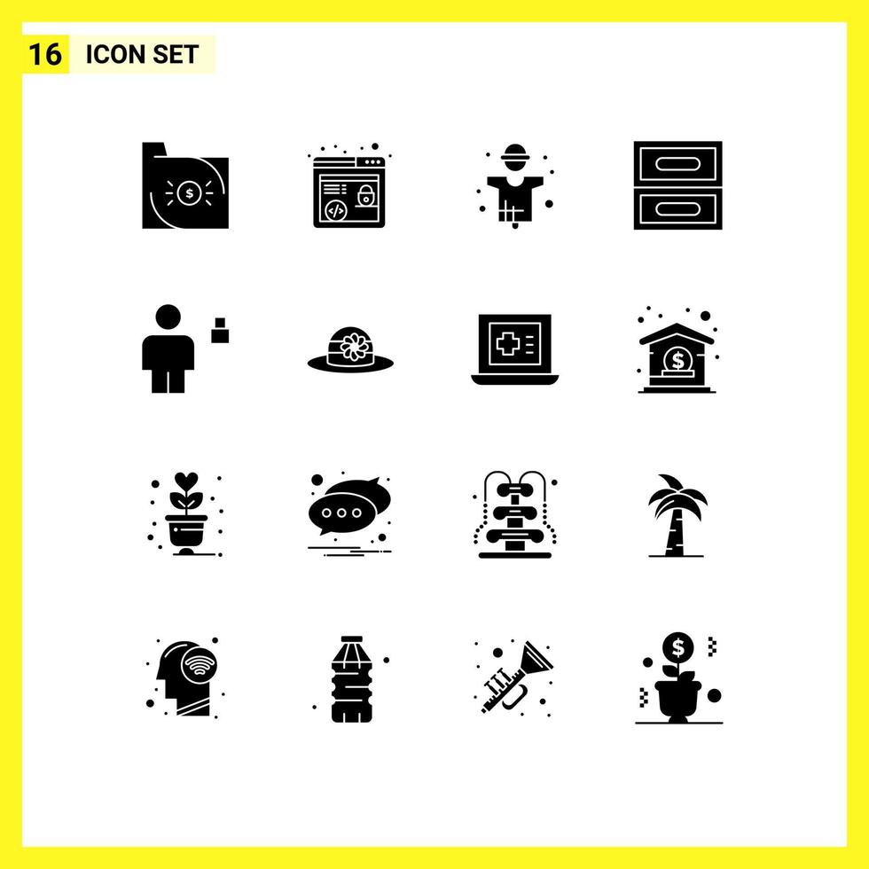 Mobile Interface Solid Glyph Set of 16 Pictograms of body drawer agriculture cabinet production Editable Vector Design Elements