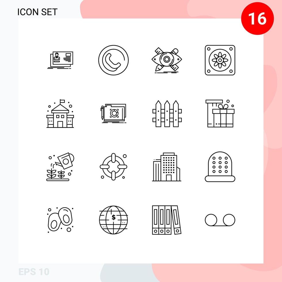 Pack of 16 Modern Outlines Signs and Symbols for Web Print Media such as school building design fan tools Editable Vector Design Elements