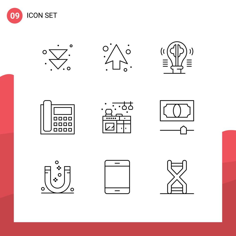 Universal Icon Symbols Group of 9 Modern Outlines of home contact us bulb contact call Editable Vector Design Elements
