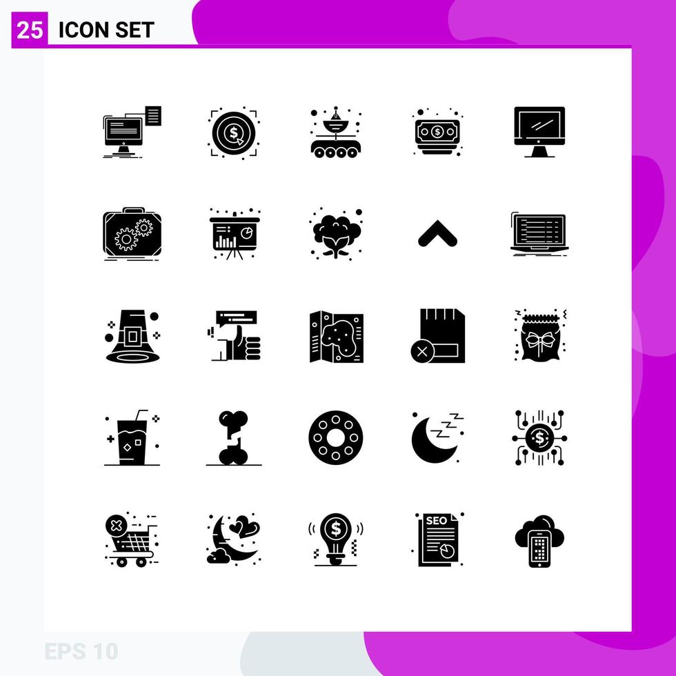 Pictogram Set of 25 Simple Solid Glyphs of computer dollar target banking parabola Editable Vector Design Elements
