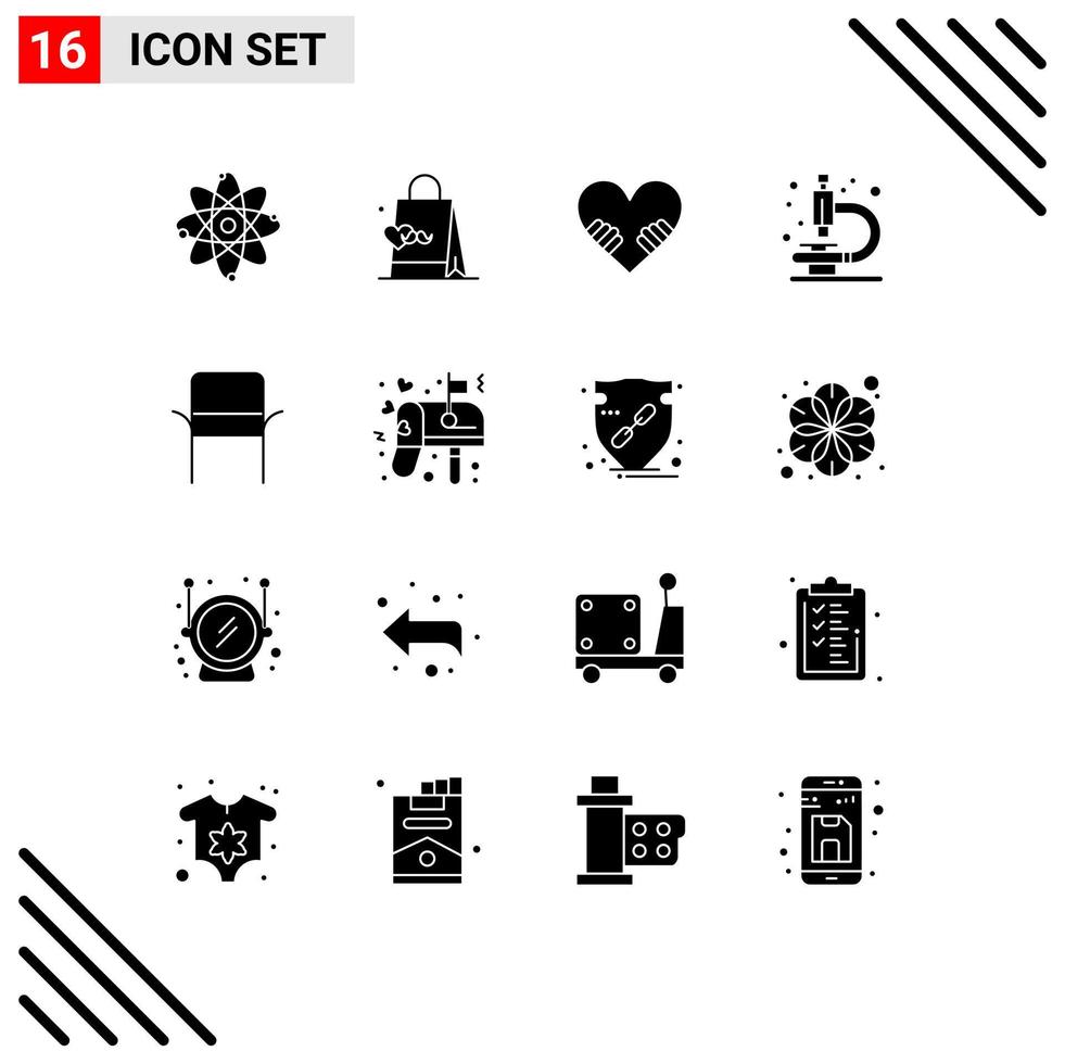 Pack of 16 Modern Solid Glyphs Signs and Symbols for Web Print Media such as box home love furniture research Editable Vector Design Elements