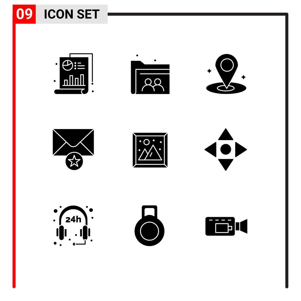 Pack of 9 Modern Solid Glyphs Signs and Symbols for Web Print Media such as picture interior location image message Editable Vector Design Elements