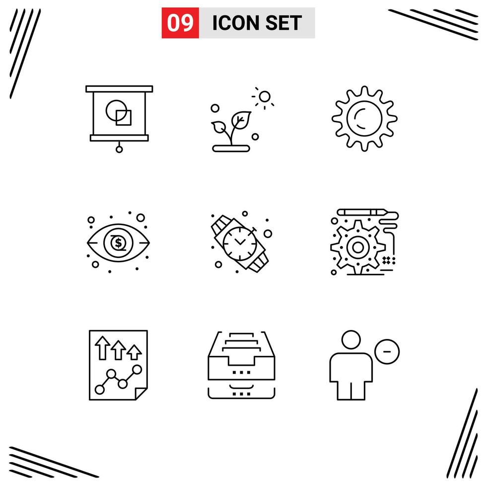 Pack of 9 creative Outlines of design watch sun hand watch investment Editable Vector Design Elements