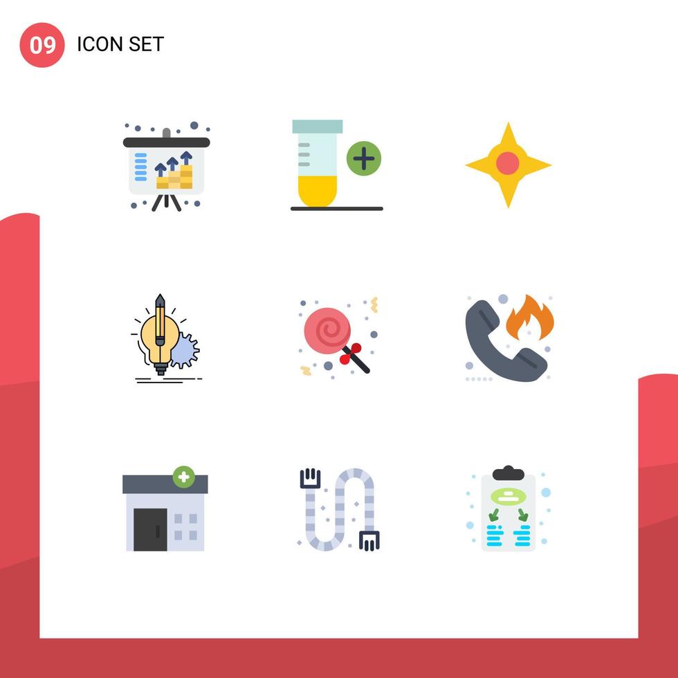 Mobile Interface Flat Color Set of 9 Pictograms of sweets candies navigation lightbulb key Editable Vector Design Elements