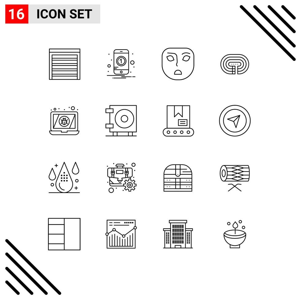 16 Thematic Vector Outlines and Editable Symbols of laptop bug angry track stadium Editable Vector Design Elements