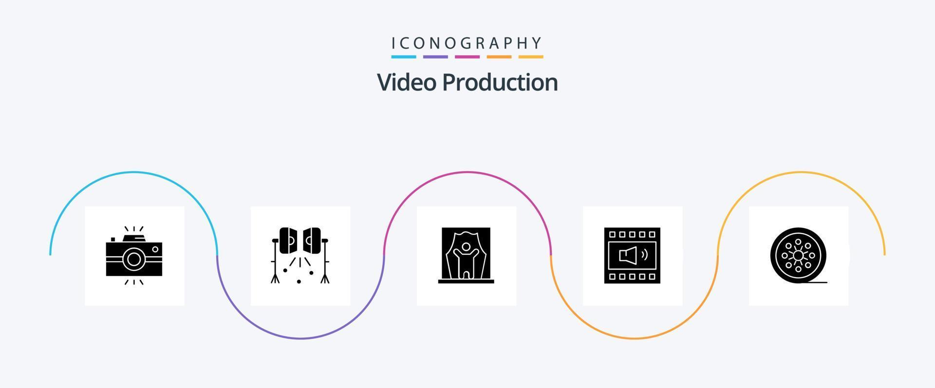 Video Production Glyph 5 Icon Pack Including open volume. amplifier. studio lightning. professional artist. celebrity vector