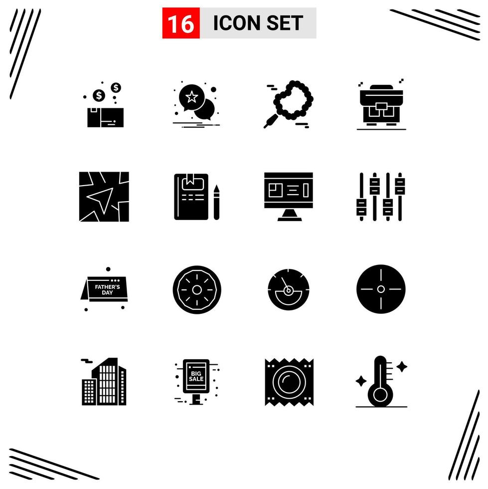 Group of 16 Modern Solid Glyphs Set for book navigation bead gps bag Editable Vector Design Elements